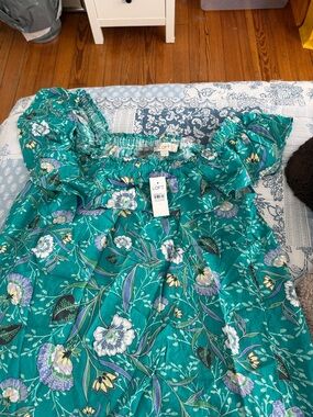 LOFT Teal Floral Ruffle Off-Shoulder Blouse